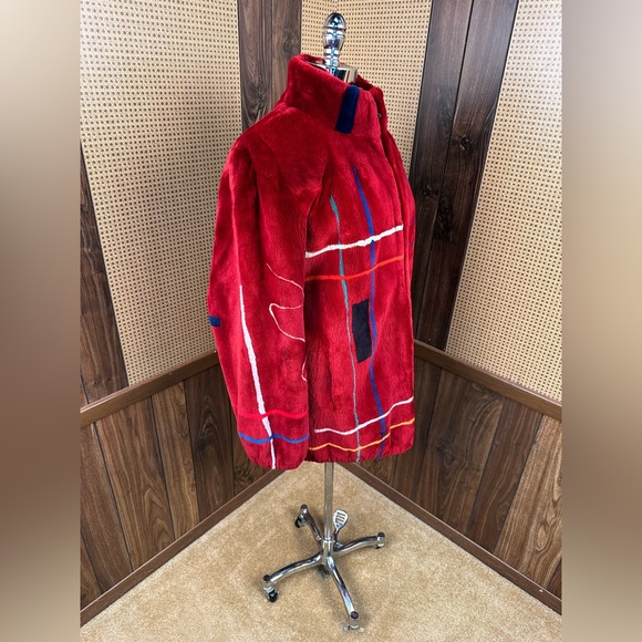 ZUKI MADE IN CANADA DYED RED INTARSIA SHEARED BEAVER FUR COAT JACKET SIZE 12 LRG - Picture 3 of 14